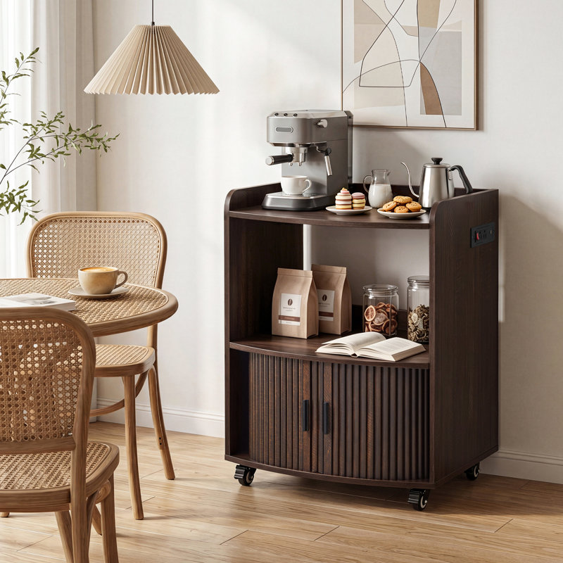 Armoire à café roulante avec prise de courant, chariot de cuisine mobile avec portes coulissantes et tablettes de rangement (l 23,62 po)