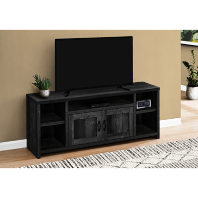 Meuble audio-vidéo 60 po, meuble télé noir stratifié avec meuble de rangement, pour téléviseurs de 80 à 89 po, salon et chambre à coucher de style transitionnel, chambre à coucher, look moderne