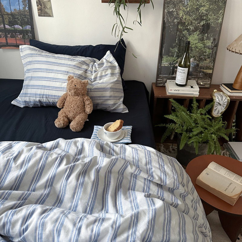 Vintage 3-Piece Cotton Duvet Cover Set With Pillow Shams, Blue/White Striped, Twin Duvet Cover + 1 Standard Sham