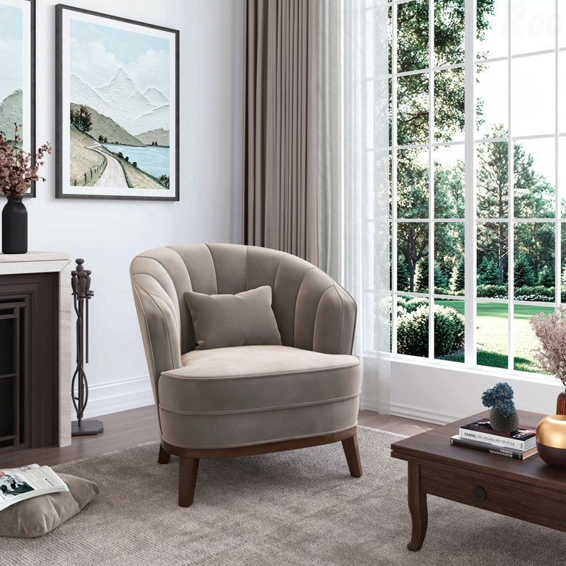 Fauteuil d'appoint gris rembourré en tonneau - Tissu semblable au velours, pieds en bois robustes pour le salon, Gris