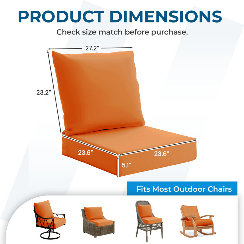 Outdoor Patio Chair Cushion Set, 5.1" Thick Olefin Replacement Seat & Back Cushions, Orange, 2