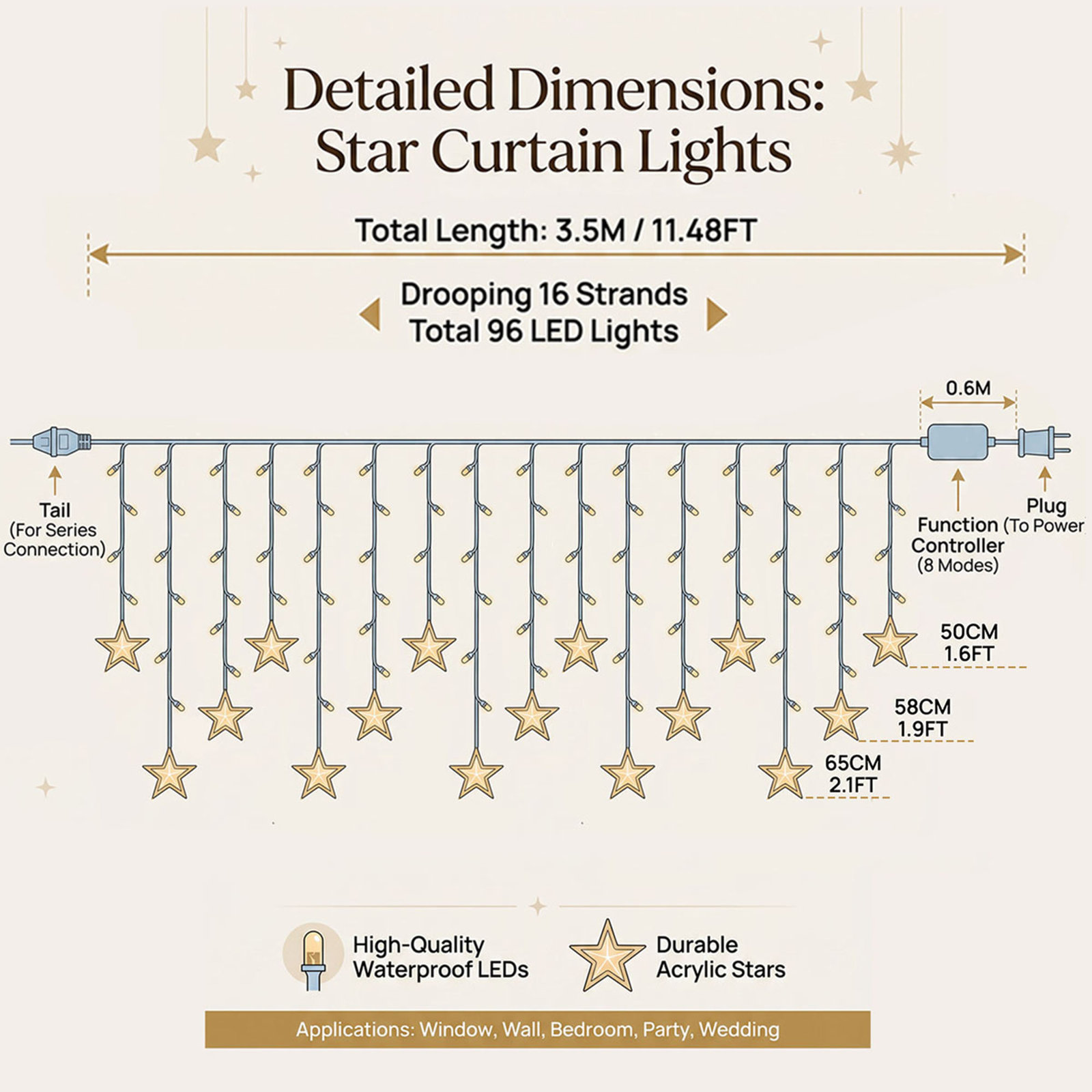 11.5FT 96LED Star String Lights, White