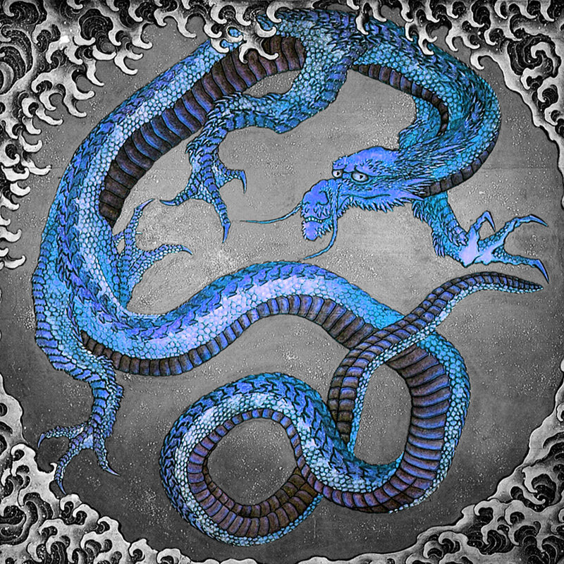 Décalcomanie murale amovible dragon japonaise, Bleu / Noir