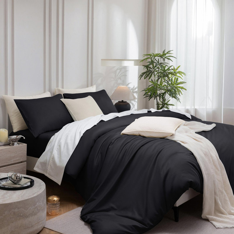 MooMee Duvet Cover Set Silky Sateen Look Luxury Sheen Zipper Closure & 8 Interior Ties 100% Long-Staple Cotton 600TC , Black