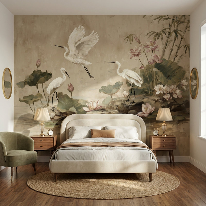Rouleau double mural en bambou amovible Egrets, Non tissé, 140 po x 108 po