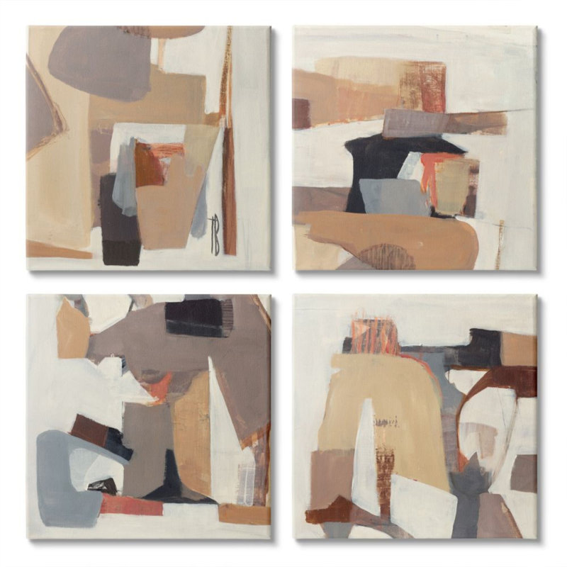 «Collage of Abstract Neutral Shapes Brown Black» par Terri Burris, ensemble de 4 reproductions d'art, H 17 po x l 17 po