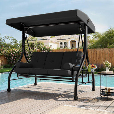Outdoor Porch Swing with Adjustable Canopy, 3-Seat Patio Swing Chair with Stand, 800LBS Heavy Duty Outdoor Swing for Adults with Cup Holder Tray, Cushion & Pillows, Patio Swings with Canopy for Garden