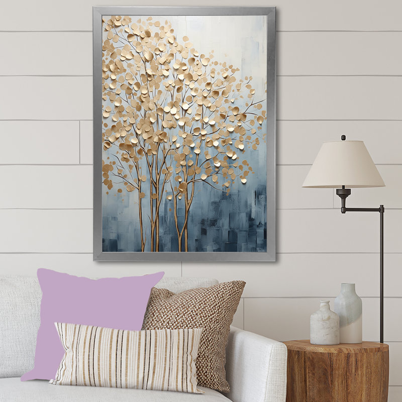 Minimalisme, arbres dorés et bleus scène VII - arbres, art mural, H 40 po x l 30 po x P 1,5 po, Cadre simple argenté