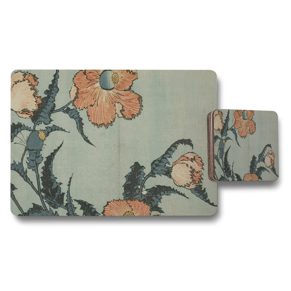 Vintage Floral Poppy Print Placemat And Coaster Set