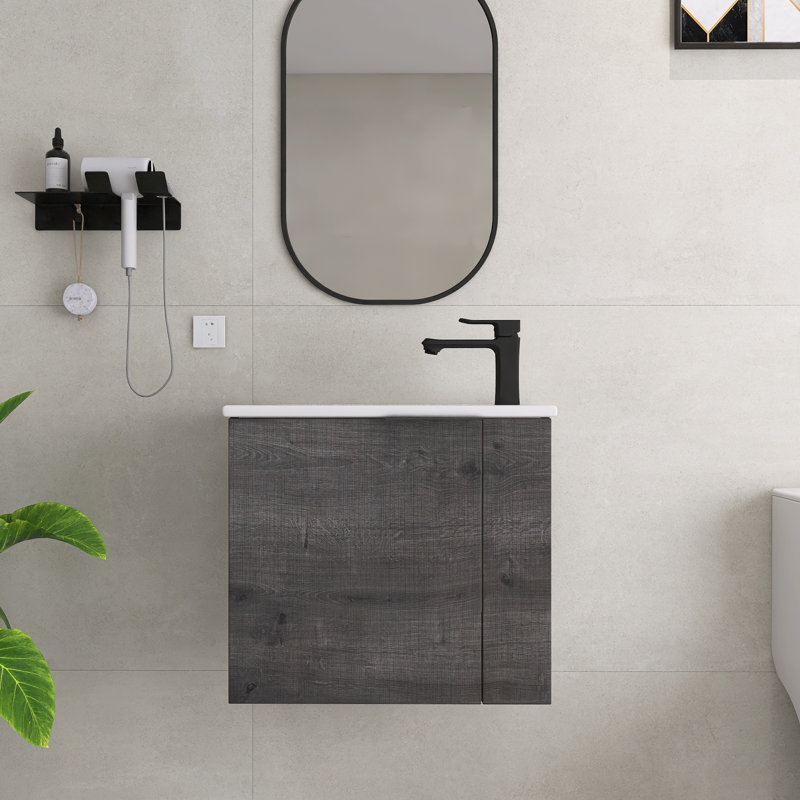 Meuble-lavabo simple mural 22 po Creedan - Portes à fermeture douce et plateau en céramique, Gris