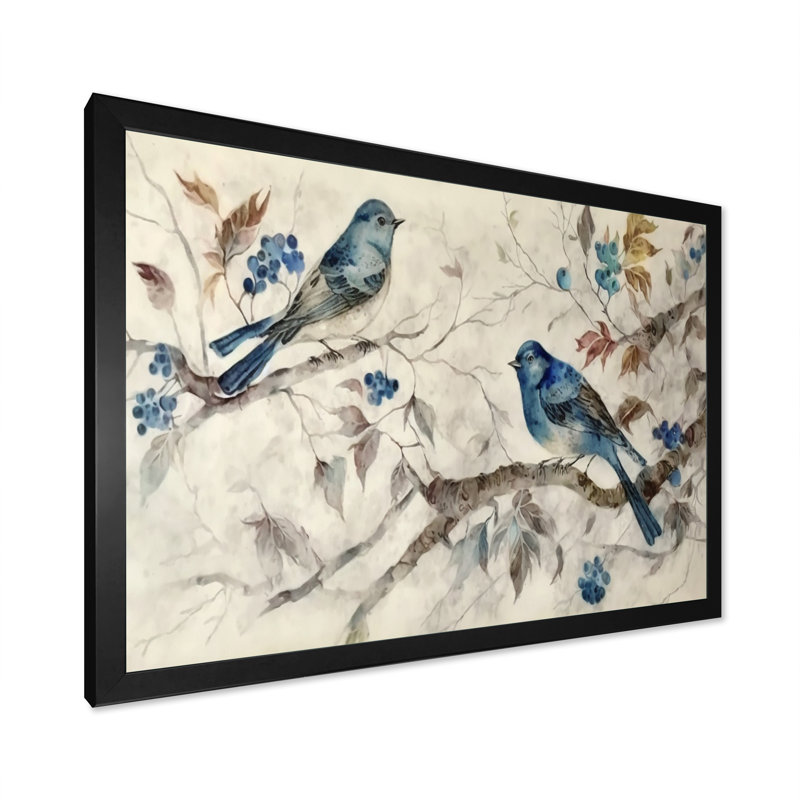 Deux oiseaux bleus assis sur une branche, aquarelle II - reproduction sur toile, H 12 po x l 20 po x P 1 po