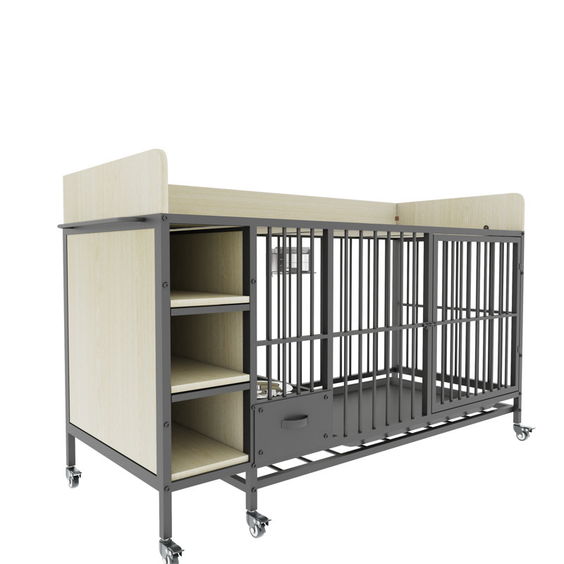 Grande cage pour animaux avec support de rangement, tiroirs, bols en acier inoxydable pour nourriture / eau - cadre en fer et matériau en bois aggloméré, noir / beige