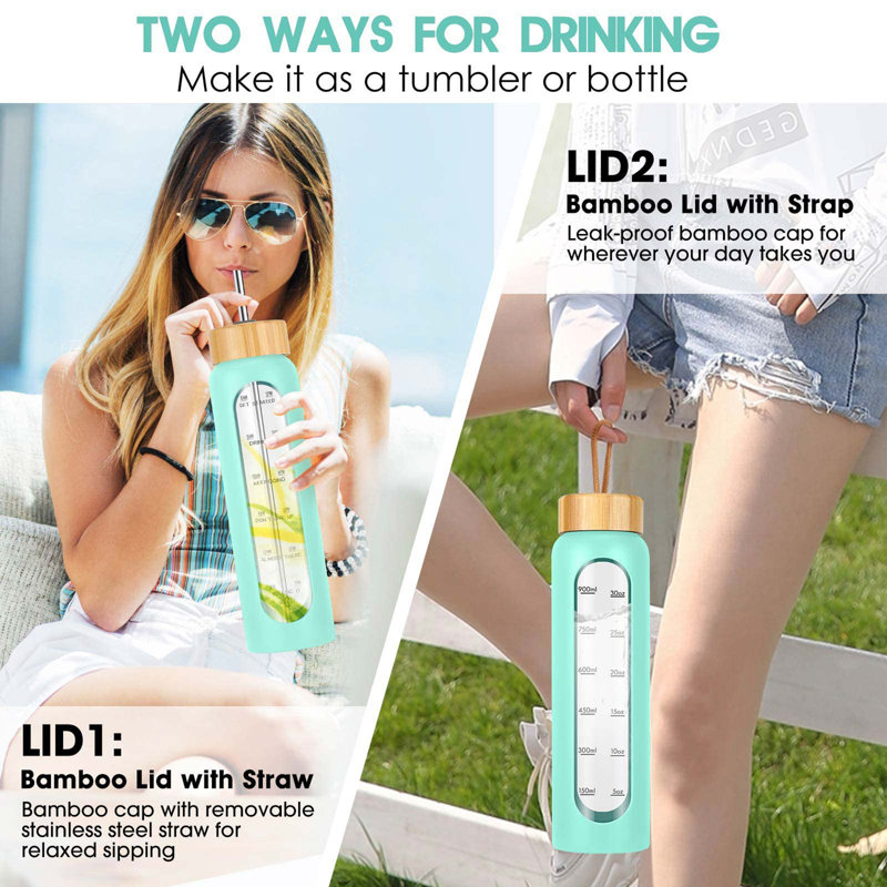 32 oz. LoochMee Bouteille d'eau en verre, Menthe