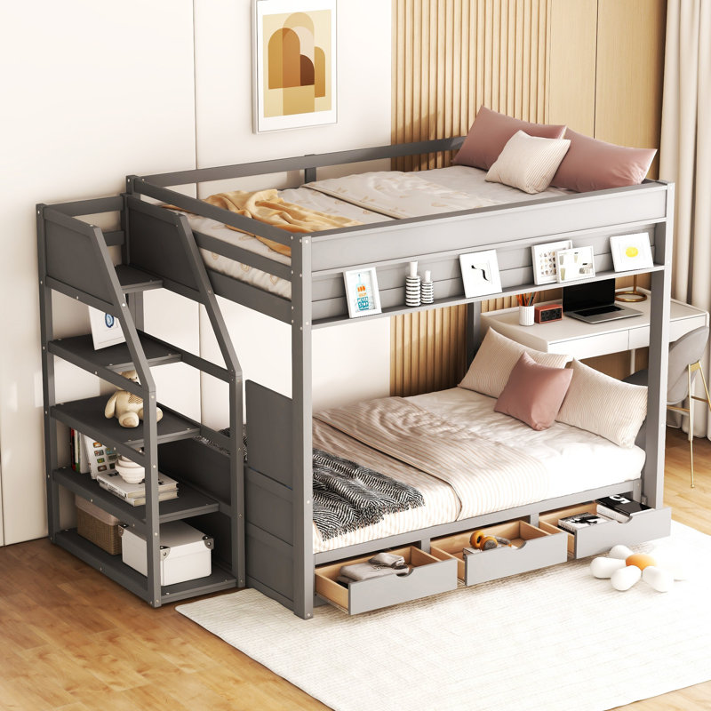 Lit superposé convertible Joycee avec escalier de rangement, table de chevet et 3 tiroirs, gris