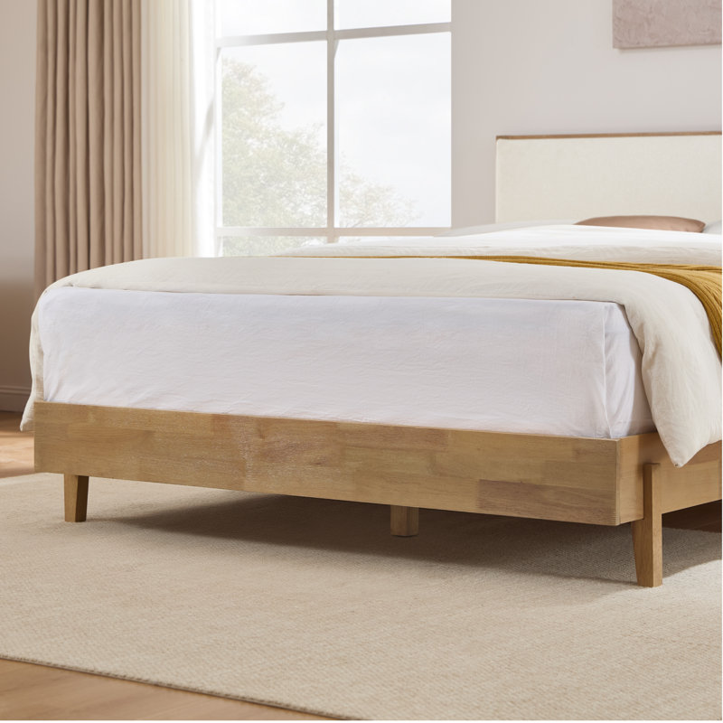 Rezana Solid Wood Boucle Upholstered Headboard Bed Frame, Queen, Natural