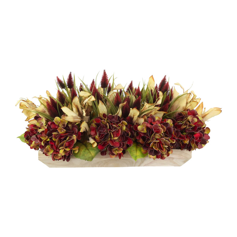 Fall Hydrangeas and Leaves in Wooden Planter