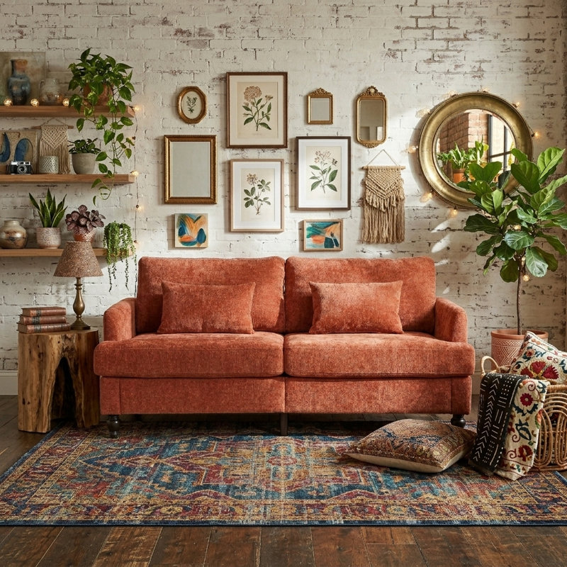 Canapé en chenille de style Mid-Century, Orange foncé