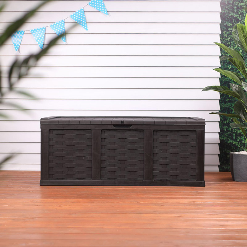 Black Wicker Plastic Lockable Deck Box with Wheels