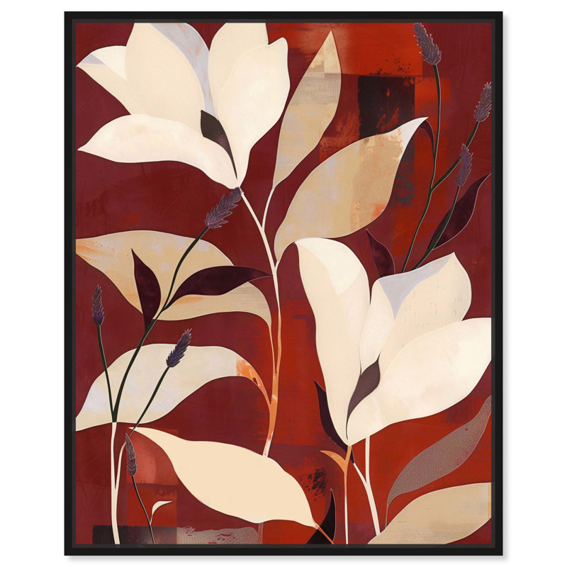 Maroon Floral Dreams II, toile inspirée de l'art abstrait par Art Remedy, Cadre noir, H 21 po x l 17 po