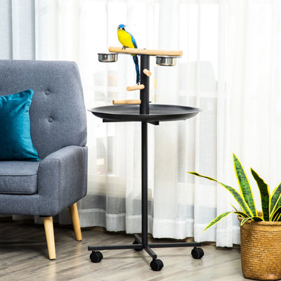 Four Wheels Bird Play Stand, Stainless Steel Bowls, Grey, Designed Feeder Stand Portable Parrot Wheels, Dependable Quality