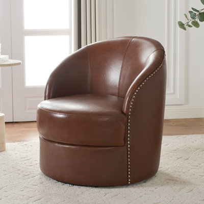 29.1'' W Top-Grain Genuine Leather Upholstered Swivel Barrel Chair