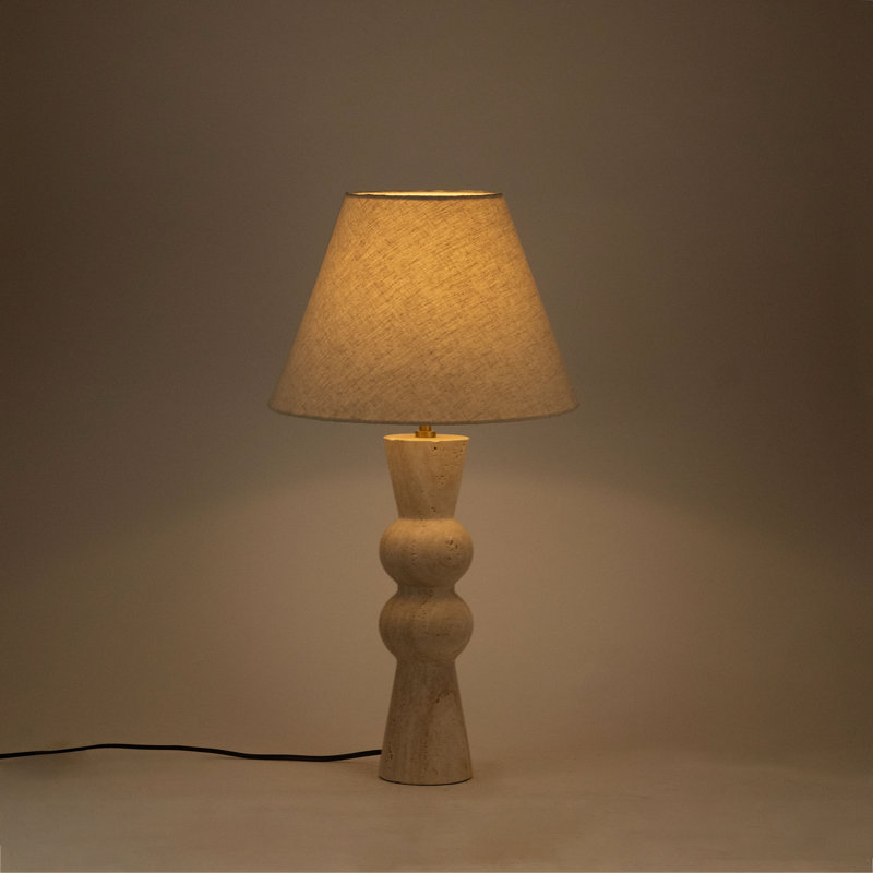 Lampe de table Giglio, Travertin, Pierre, Tissu en lin naturel texturé