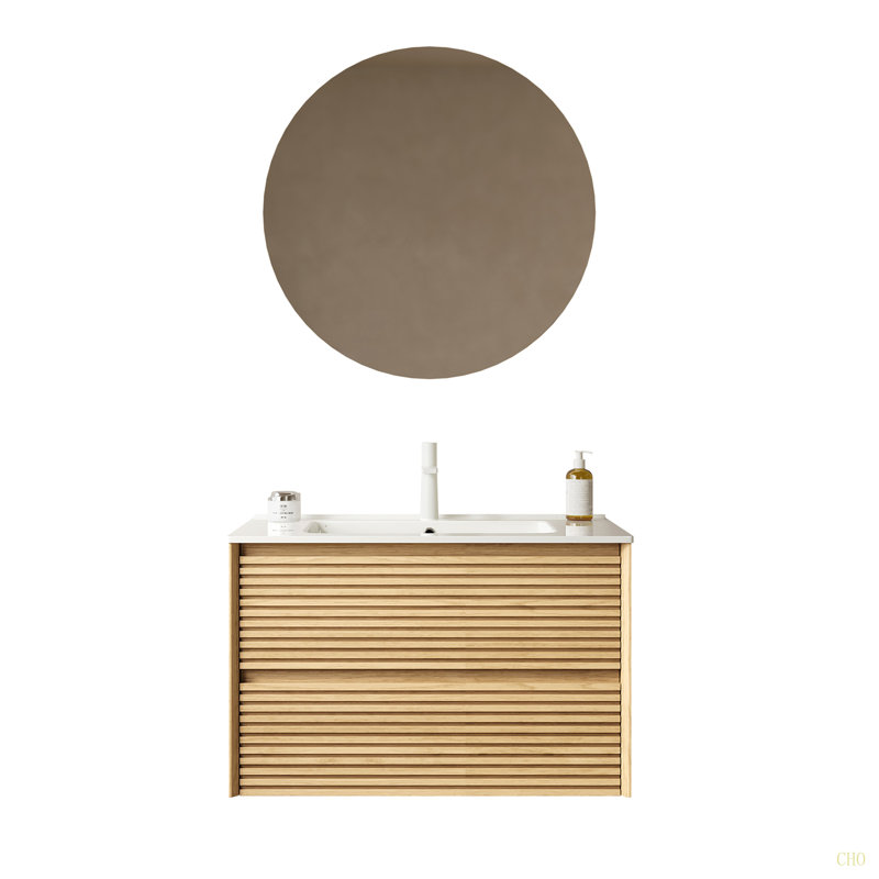 Meuble-lavabo de salle de bain avec lavabo, armoire de rangement murale en contreplaqué flottant avec tiroirs, lavabo en céramique, pré-assemblé