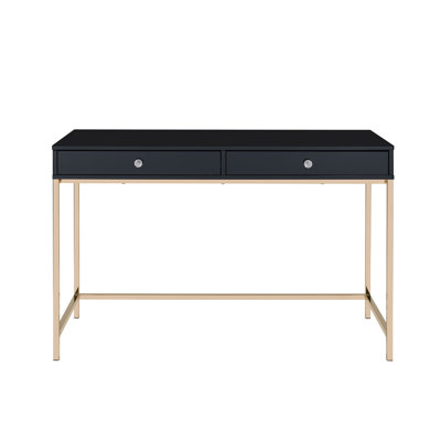Bureau d'écriture rectangulaire avec 2 tiroirs, noir brillant et doré