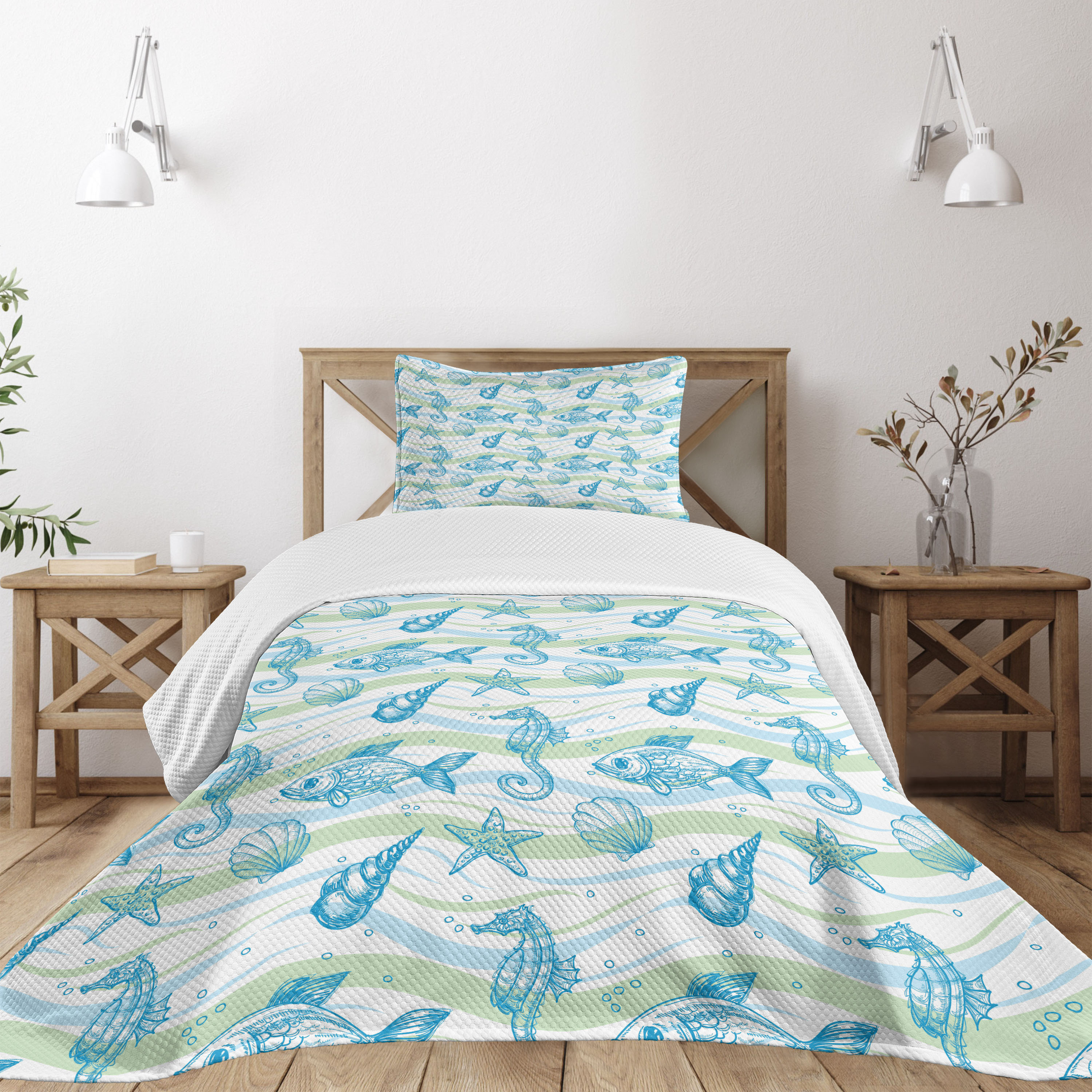 Shell Bedspread Ambesonne Nautical Bedspread Set Ocean Shell Starfish Mint Blue | Wayfair