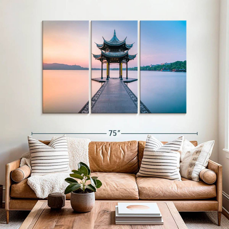 Scène de coucher de soleil au pavillon Adella Jixian, H 28 po x l 45 po