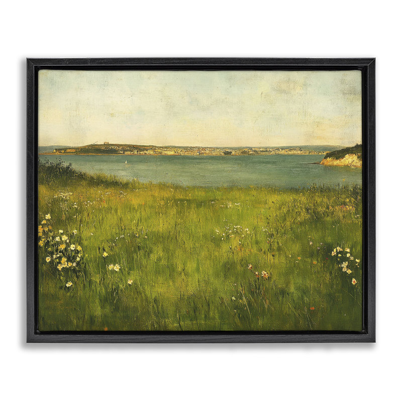 Cadre flottant paysage de lac turquoise, design par Petal Prints Design, H 25 po x l 31 po, Cadre flottant noir de jais