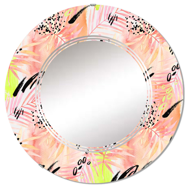 Feuille de palmier rose - éléments graphiques rétro - miroir mural à motif rond, 32 po x 32 po