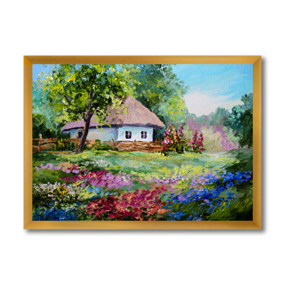 Maison sur la montagne avec des fleurs en fleurs I - peinture sur toile