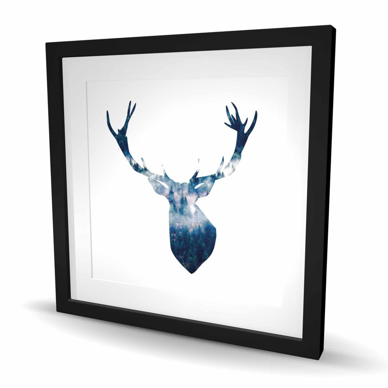 Deer Head Landscape - Classic Blue Framed Matted Print Decor