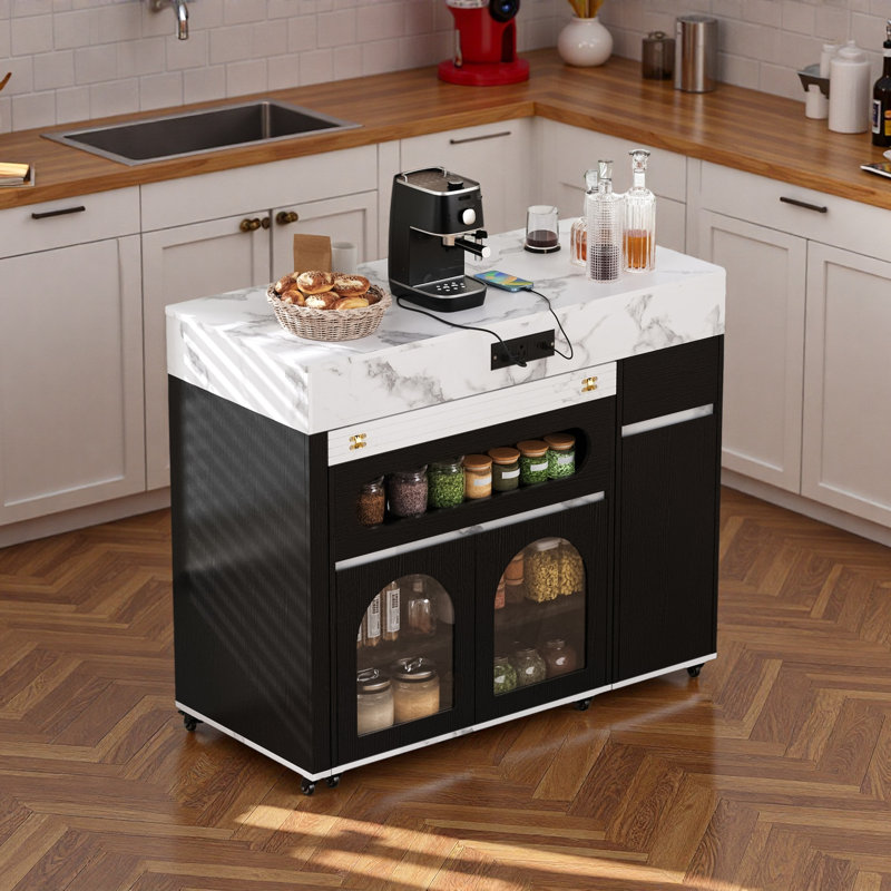 Îlot de cuisine roulant avec plateau pliable extra long, tiroirs, armoires, prise de courant et roues verrouillables, Noir