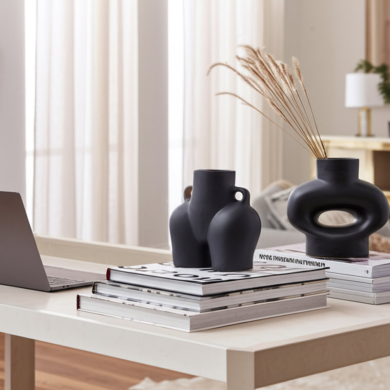 Brezhoneg Stoneware Ceramic Vase with Artistic Sculptural Design and Modern Abstract Aesthetic, Black, 7" H x 7" W x 4" D