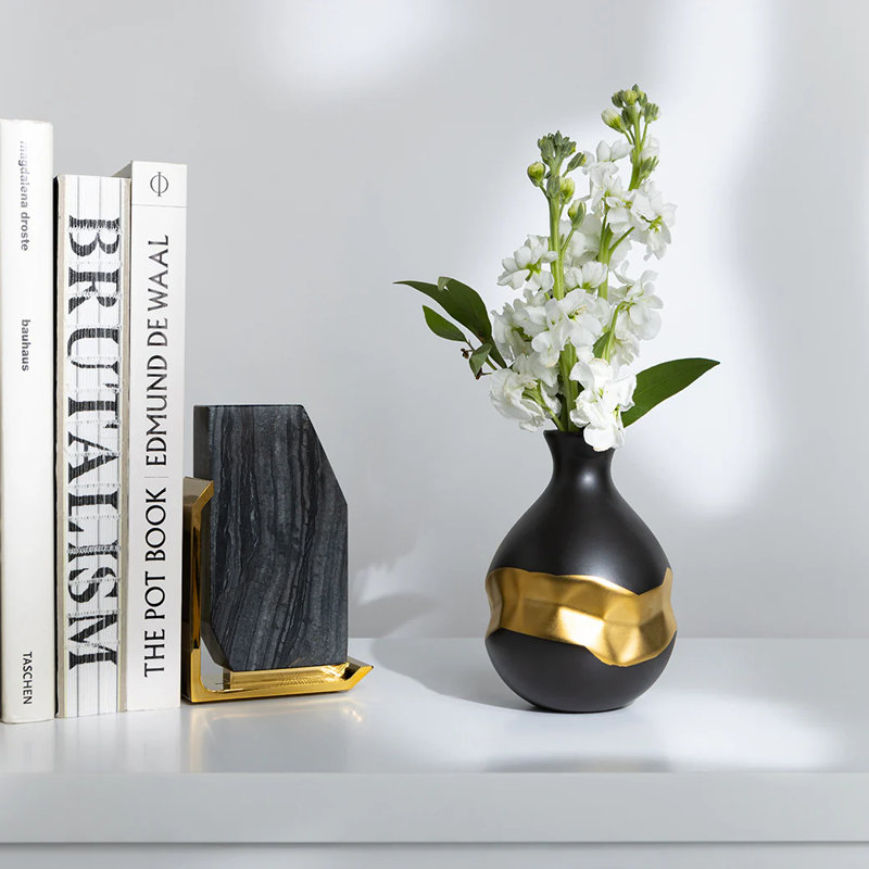 Fim Marble Non-Skid Bookends, Gray/Gold