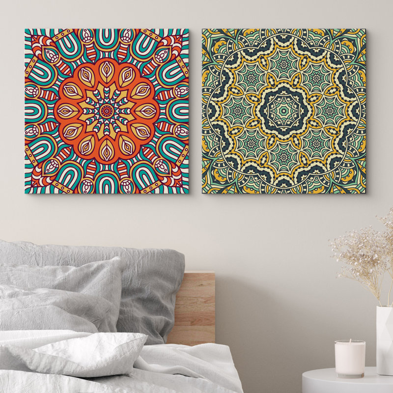 Mandala Variété verte et orange, motif d'art mural coloré sur toile, 2 pièces, H 24 po x l 48 po x P 1,5 po