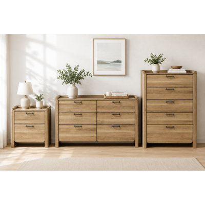 Ensemble de rangement pour chambre à coucher 3 pièces - Table de chevet avec finition en bois naturel, commode à 6 tiroirs et commode à 5 tiroirs avec poignées en étain