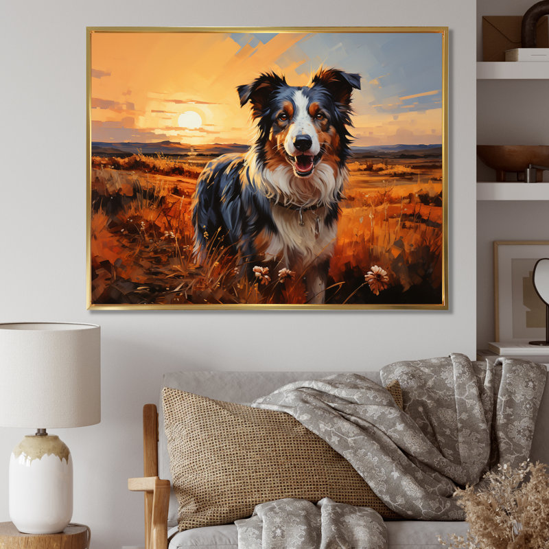Border collie marchant sous Golden Horizon - impression, Cadre flottant doré, H 12 po x l 20 po x P 1 po