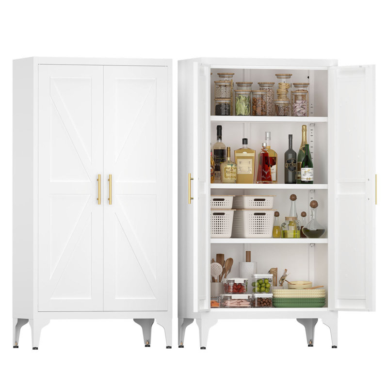 Armoire de rangement entièrement en acier 2 portes, grand garde-manger avec tablettes réglables, portes magnétiques pour la cuisine, la chambre à coucher et le bureau