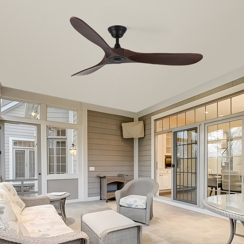 Solid Wood Ceiling Fan with  Remote, 132cm, Brown