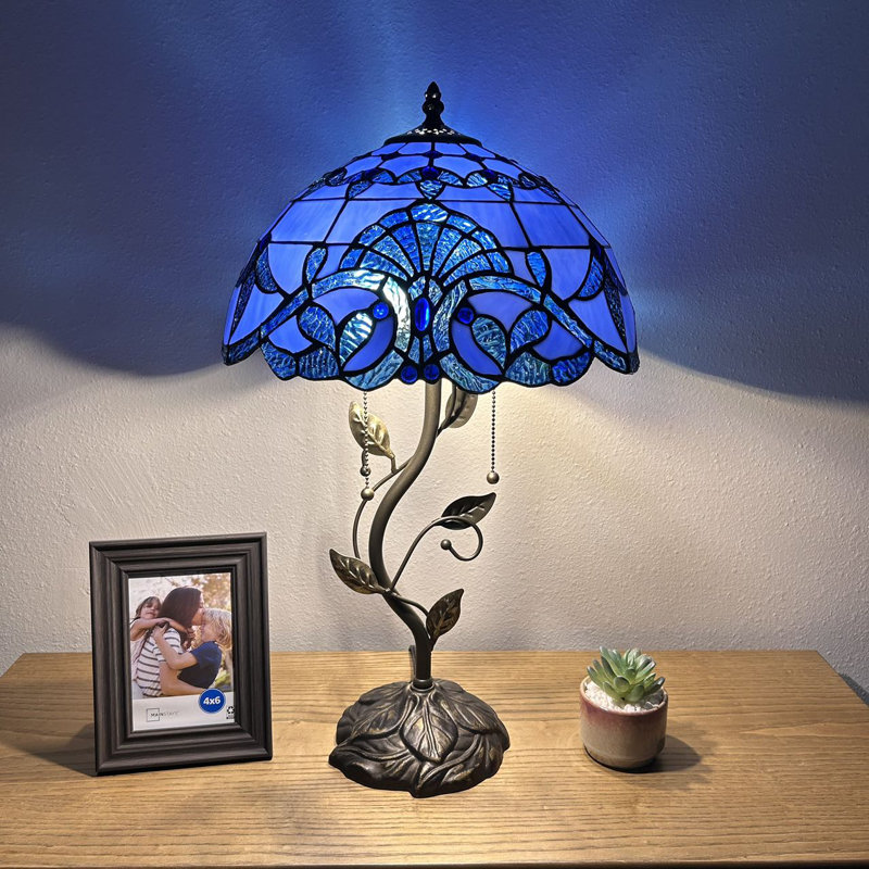 Meryem Tiffany Table Lamp Blue Stained Glass Baroque Style LED Bulbs Included 14"W*14"D*24"H