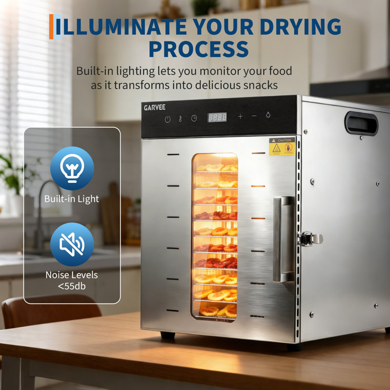 Commercial Food Dehydrator - 10-Tray Digital Stainless Steel Dryer - Adjustable Temp & Timer, BPA-Free, Recipe Book Included, Model SG-10A, 800W 110V, Silver