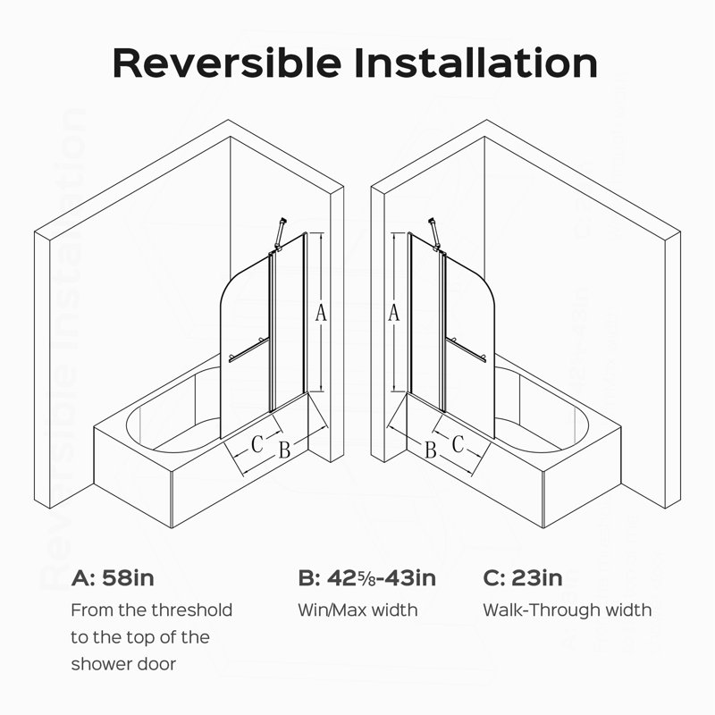 43 In. W * 58 In. H Frameless Folding Shower Doors For Bathtub, Brushed Gold