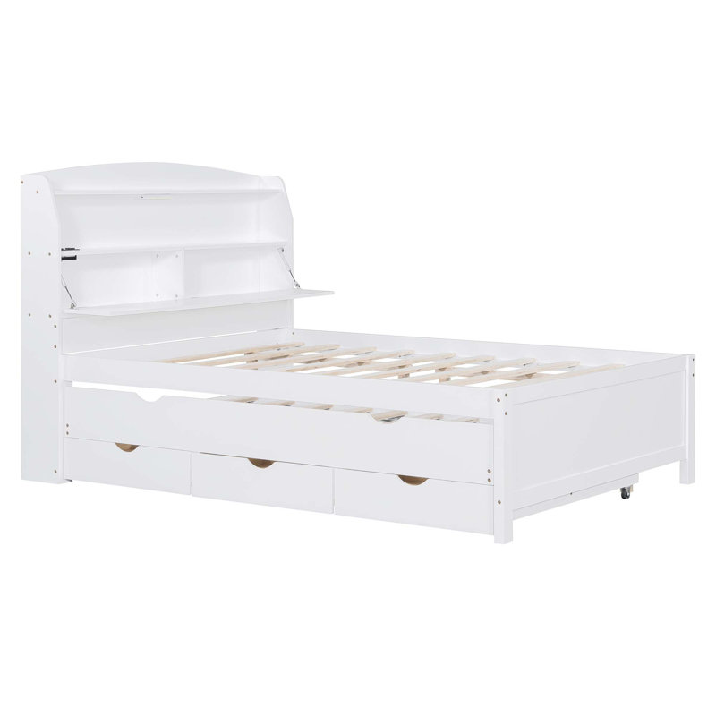 Wooden LED Platform Bed with Trundle, Full , White