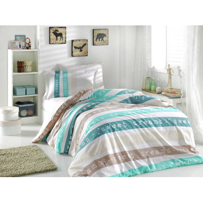 Premium Cotton Poplin Single Quilt Cover Set, Green/White/Brown, Duvet Cover 62.9 x 86.6 in, Flat Sheet 62.9 x 94.5 in, Pillowcase 19.7 x 27.6 in | 100% Cotton, Machine Washable, Elegant Design, Comfortable Sleep