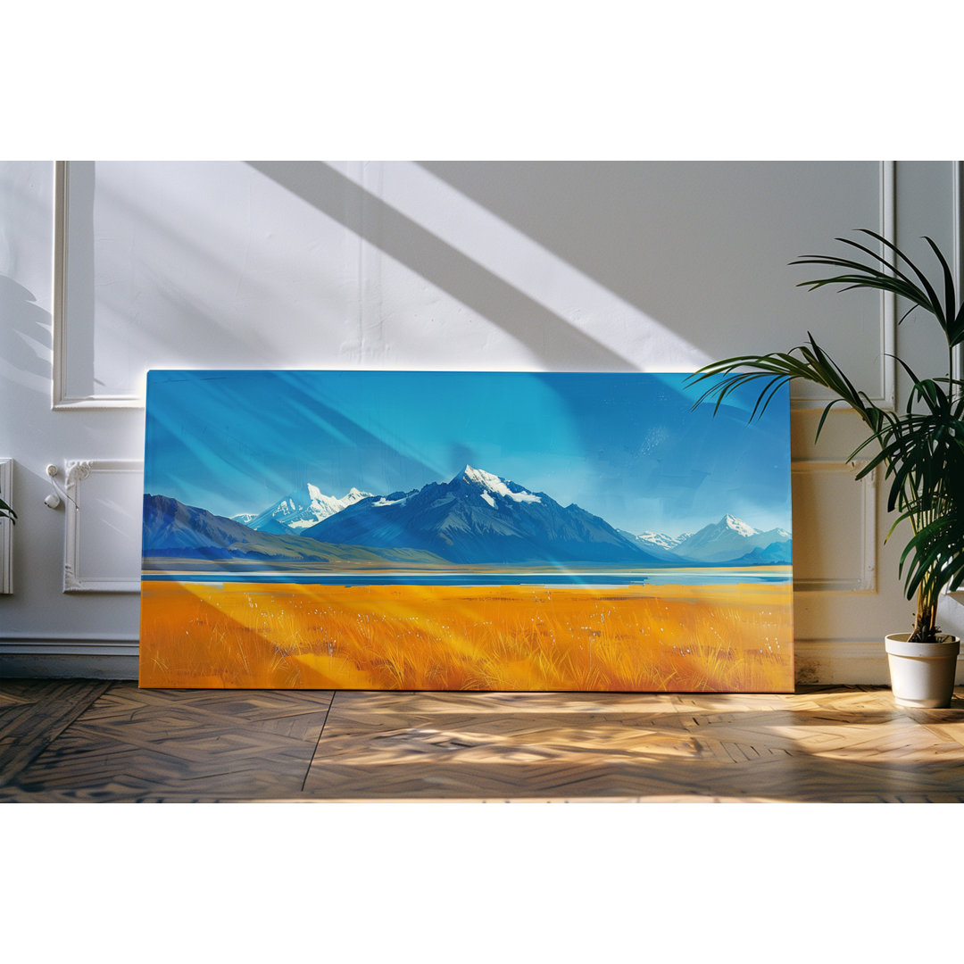 Gerahmtes Bild auf Leinwand 120x60cm Natur Berge See Blau Schneegipfel Kunstvoll