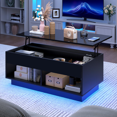 Chappa Lift Top Coffee Table with RGB LED Light Strip, Hidden Compartment & Open Shelf