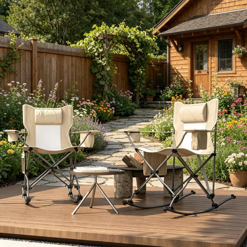 Ensemble de 2 chaises berçantes de parc, chaises portatives et chaises de camping berçantes pliantes, Crème